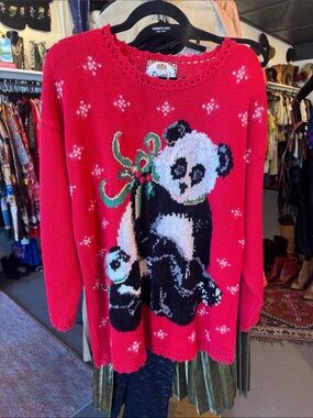 Vintage Tiara Red Panda Knit Sweater with Green Bow Detail
